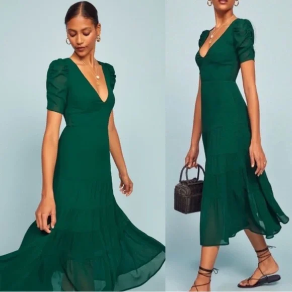 Reformation Cosa Tiered Crepe de Chine
Midi Dress - Picture 1 of 8